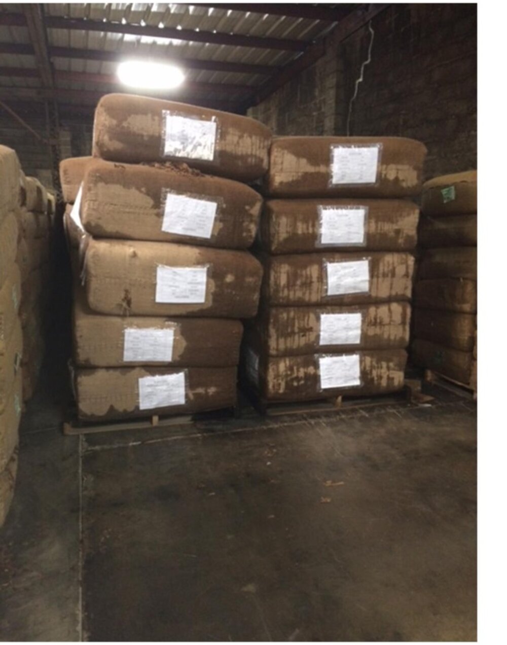 Palletized tobacco product in a warehouse
